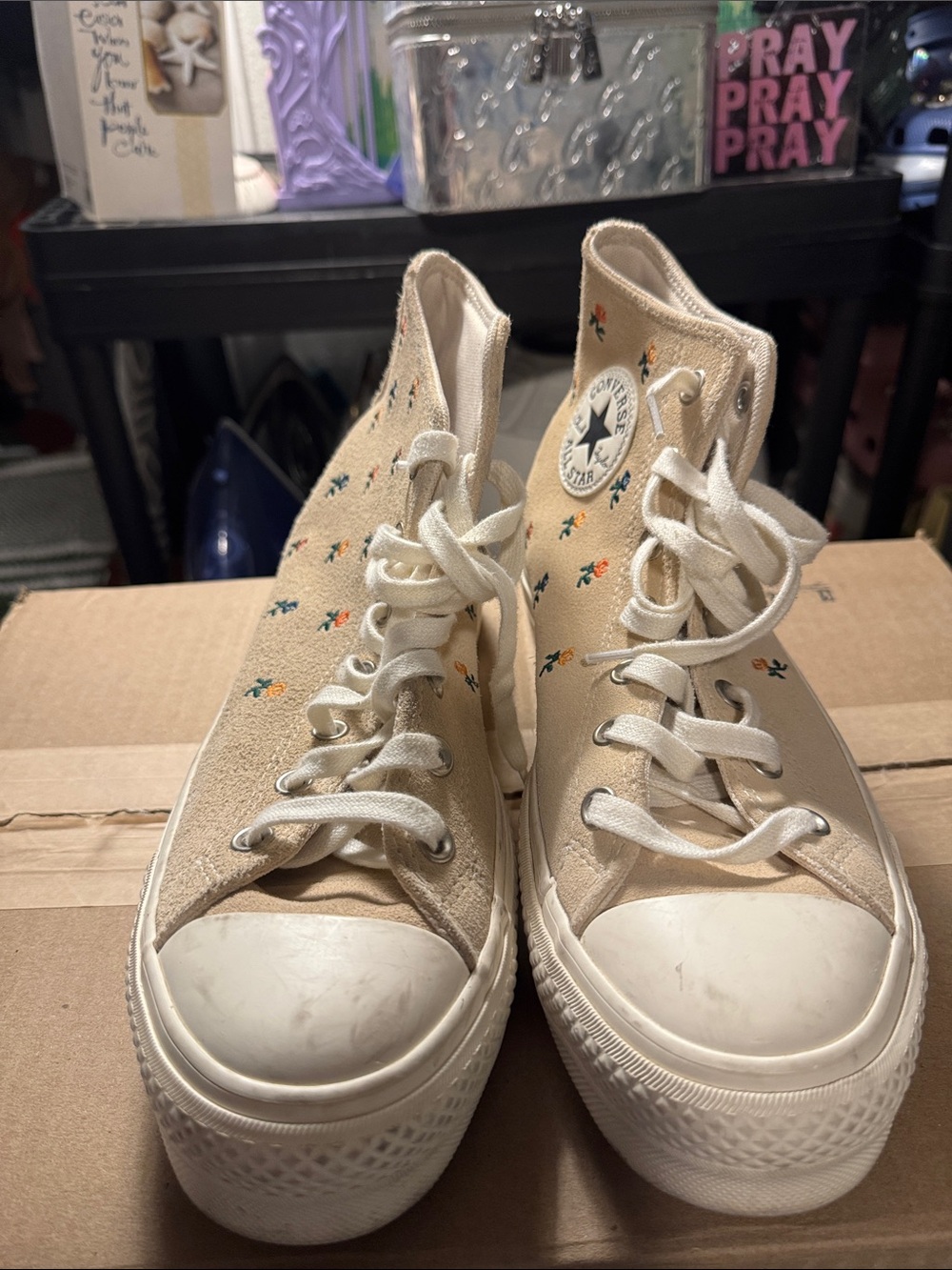 Converse Beige High Top Sneakers with Tiny Floral Embroidery